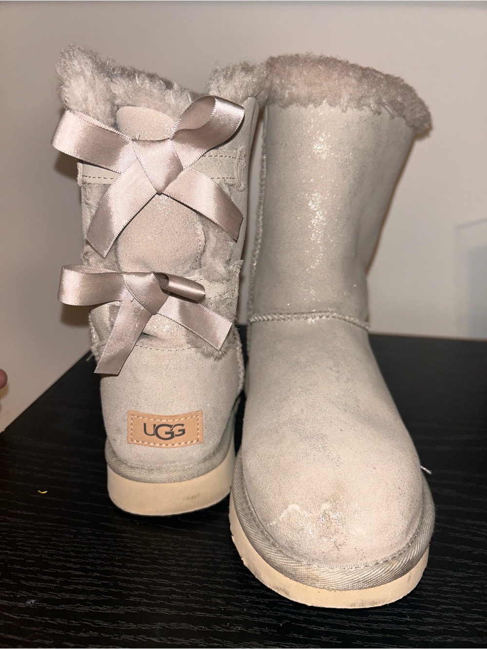 UGG Light Taupe Short Shearling Boots with Satin Bows